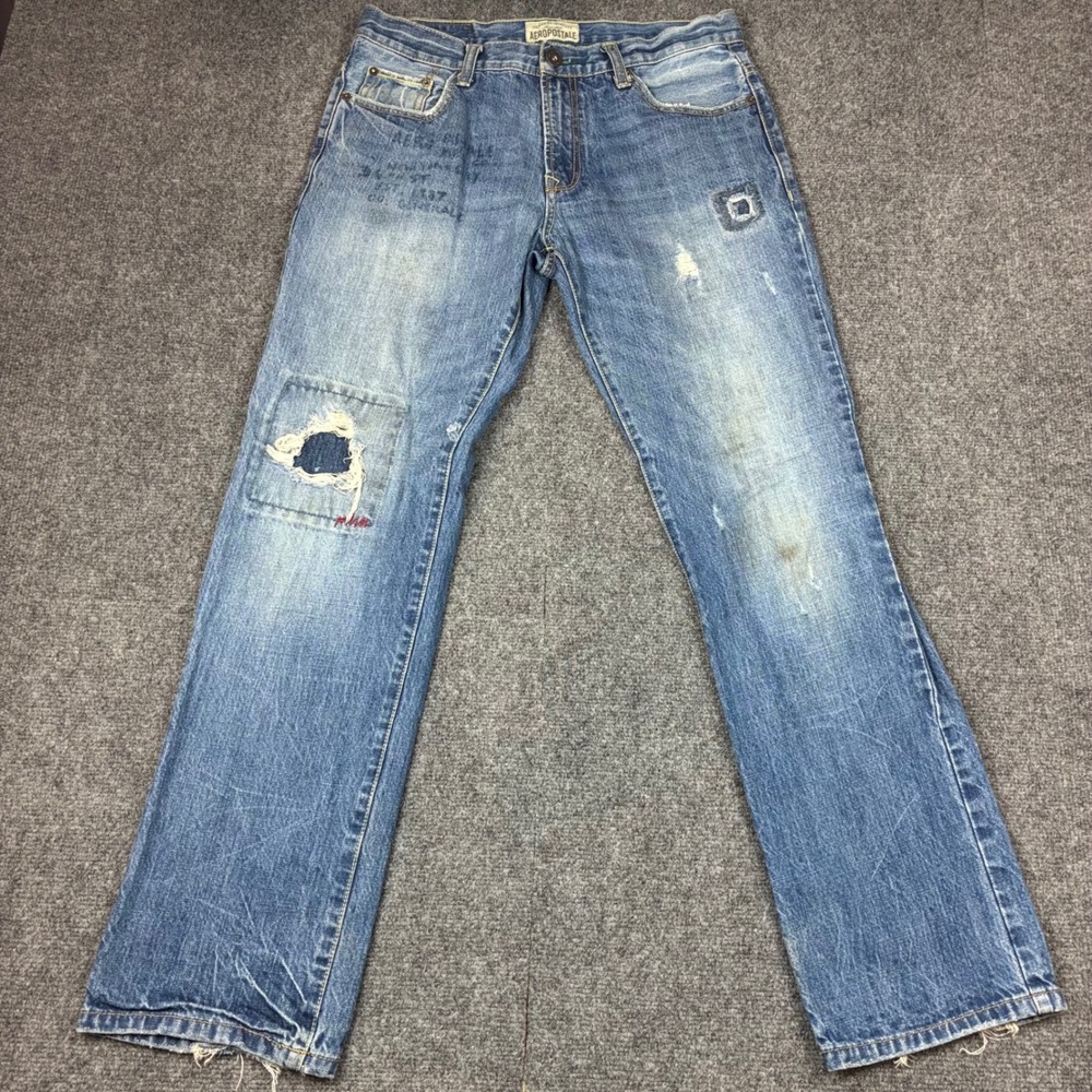 Aeropostale Essex Straight Leg Jeans Mens 32x32 Distressed Graphic Blue Denim